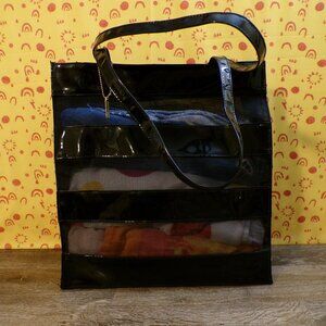 ELIZABETH ARDEN Black Faux Patent Leather & Mesh Tote 14" x 15" x 5"